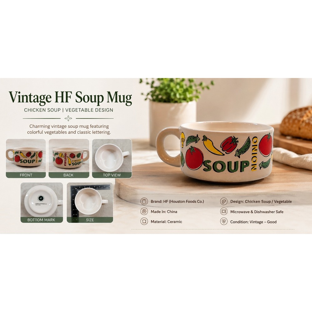 Houston Foods Vintage Vegetable Ceramic Soup Mug Chicken Onion Tomato White 4in